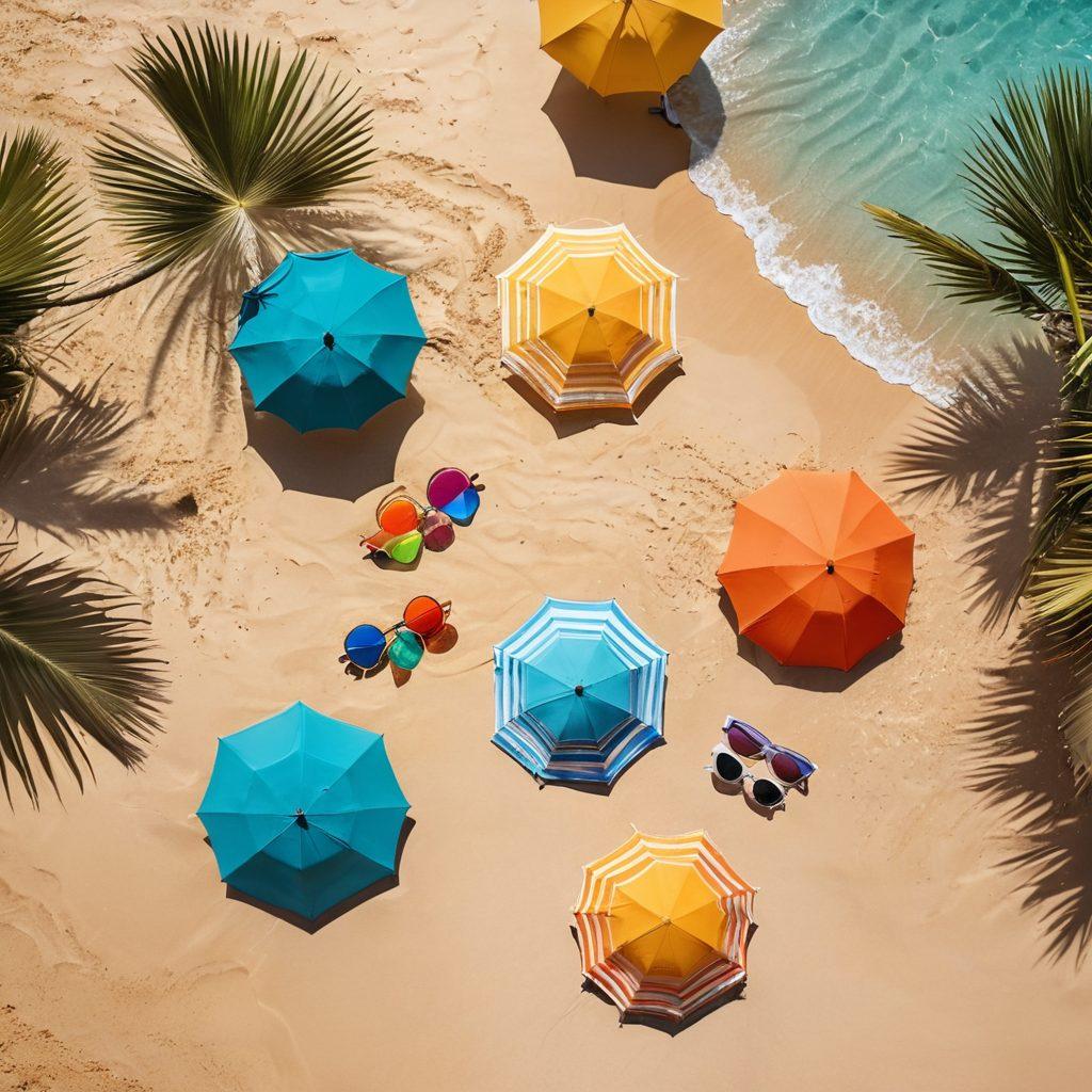 A stylish beach scene featuring trendy beachwear items like colorful swimsuits, cover-ups, and accessories laid out on soft sand. Incorporate vibrant beach umbrellas, sun hats, and sunglasses to enhance the lively atmosphere. The sun is shining bright, creating a cheerful, inviting vibe. Include tropical elements such as palm trees and calm waves in the background. vibrant colors. super-realistic.