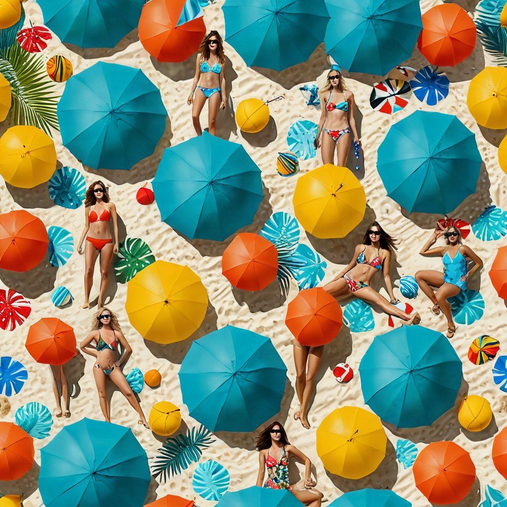 A stylish beach scene featuring a diverse group of people wearing the latest 2023 bikini trends and vibrant beach attire, under a bright sun. Incorporate colorful beach umbrellas, playful beach balls, and a turquoise ocean backdrop. Highlight unique patterns and textures in the swimwear designs. Ensure a lively atmosphere, evoking a sense of fun and summer vibes. tropical, vibrant colors, super-realistic.